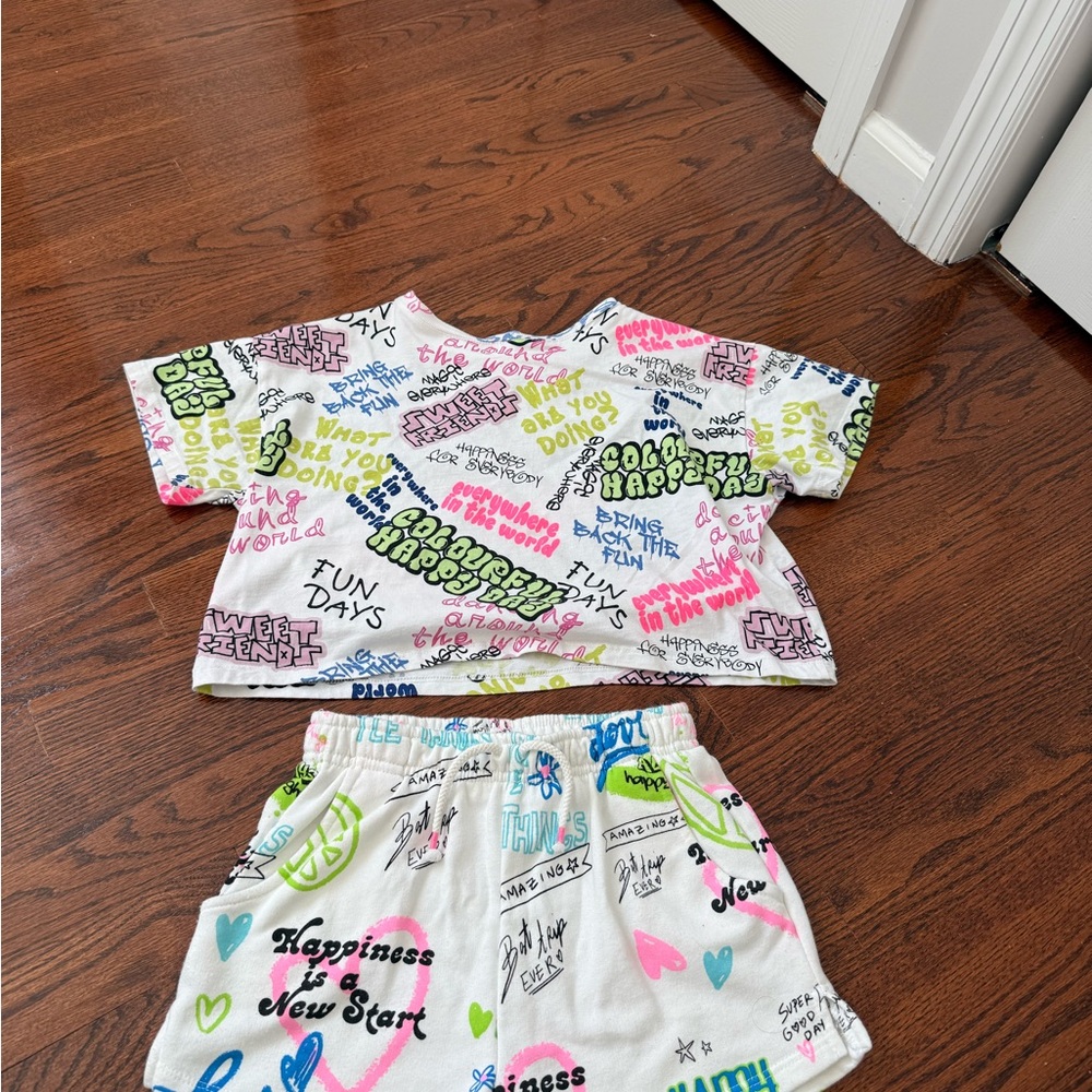 ZARA Graffiti printed shorts matching set, top sz 11-12, shorts sz 13-14